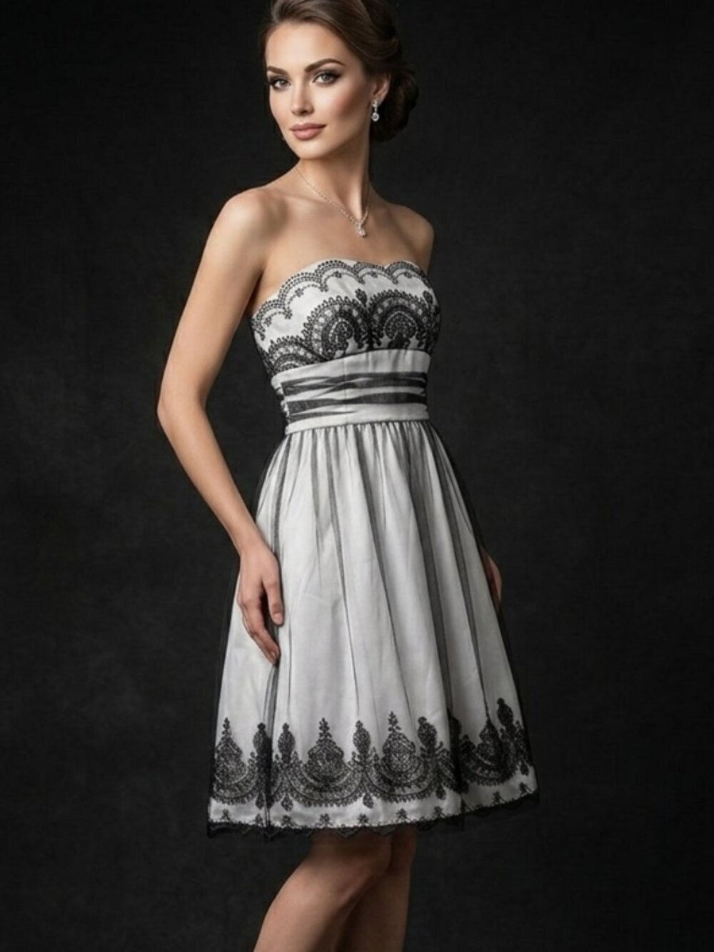 David's Bridal Strapless Silver and Black Lace A-Line Dress